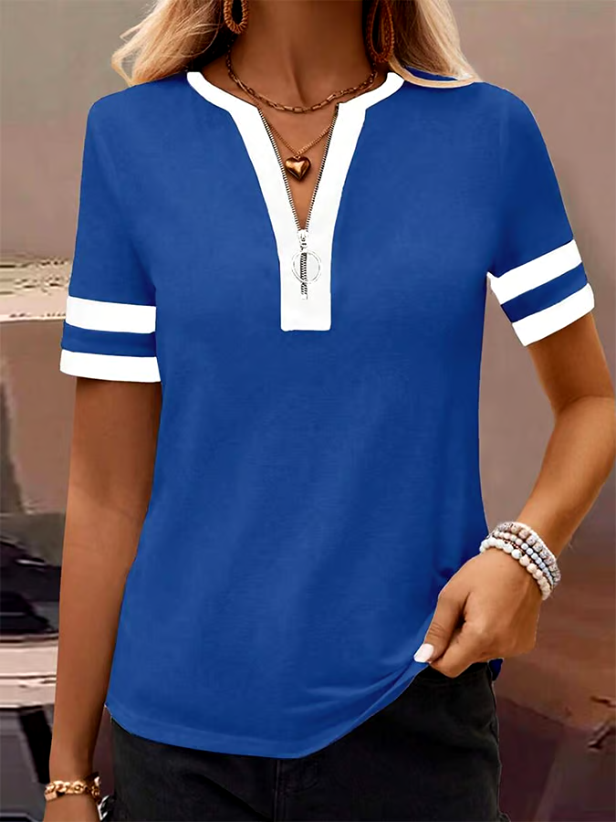 Women's Spring and Summer Solid Color Casual Splicing Zipper Top