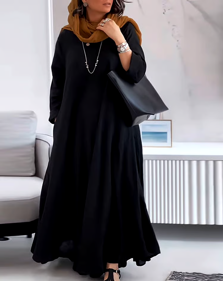 Women's Casual Solid Color V-Neck Long Sleeve Cotton and Linen Dress Women's Casual Solid Color V-Neck Long Sleeve Cotton and Linen Dress