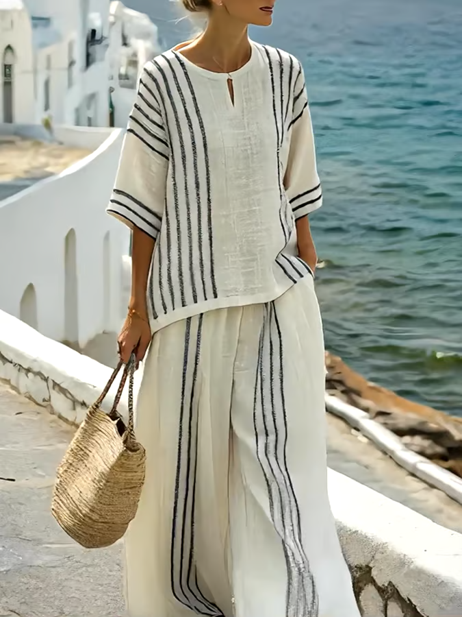 Women'S Loose Slit Contrast Striped Pants Set Women'S Loose Slit Contrast Striped Pants Set