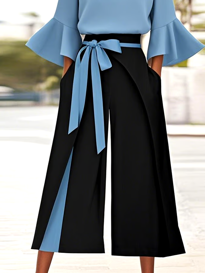 Women'S Casual V-Neck Trumpet Sleeve Contrast Color Two-Piece Suit Women'S Casual V-Neck Trumpet Sleeve Contrast Color Two-Piece Suit