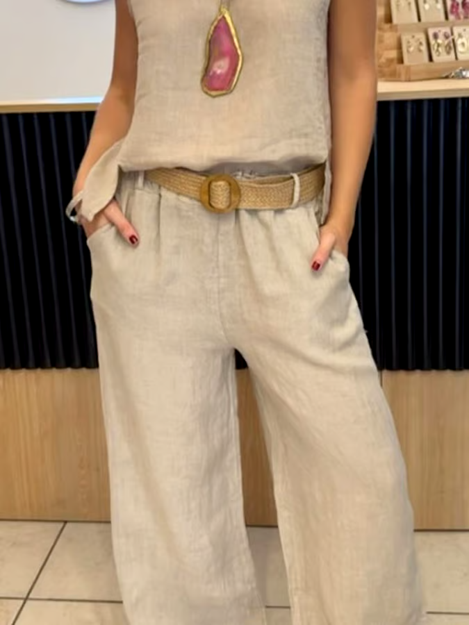 Women's Casual Solid Color Round Neck Vest Trousers Cotton and Linen Two-piece Set Women's Casual Solid Color Round Neck Vest Trousers Cotton and Linen Two-piece Set