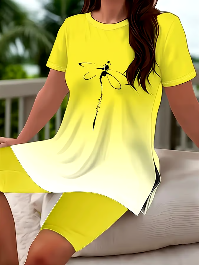 Women's Casual Round Neck Gradient Pattern Short Sleeve T-Shirt Shorts Set Women's Casual Round Neck Gradient Pattern Short Sleeve T-Shirt Shorts Set