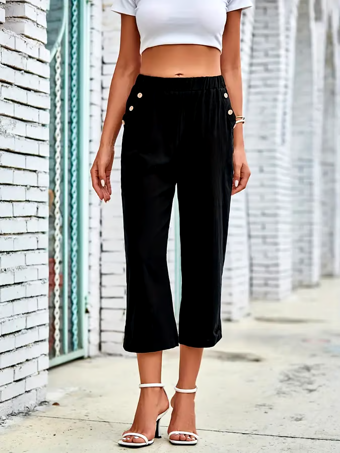 Women's Casual Solid Color Loose Button Cotton and Linen Cropped Pants Women's Casual Solid Color Loose Button Cotton and Linen Cropped Pants
