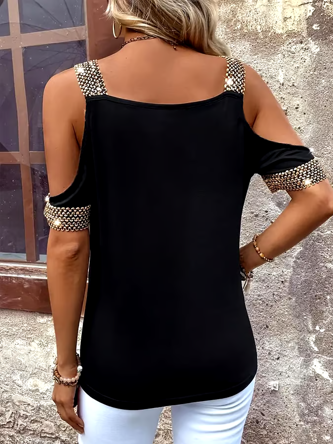 Women'S Solid Color Off-Shoulder Metal Stitching Short-Sleeved Top Women'S Solid Color Off-Shoulder Metal Stitching Short-Sleeved Top