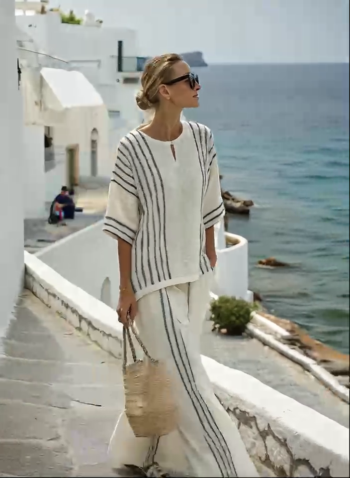 Women'S Loose Slit Contrast Striped Pants Set Women'S Loose Slit Contrast Striped Pants Set