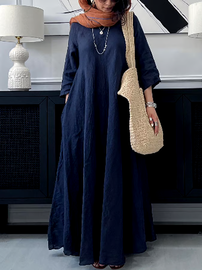 Women's Casual Solid Color V-Neck Long Sleeve Cotton and Linen Dress Women's Casual Solid Color V-Neck Long Sleeve Cotton and Linen Dress