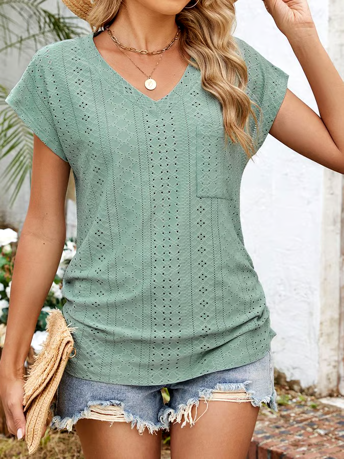 Women'S Casual Solid Color V-Neck Pocket Short Sleeve T-Shirt Women'S Casual Solid Color V-Neck Pocket Short Sleeve T-Shirt