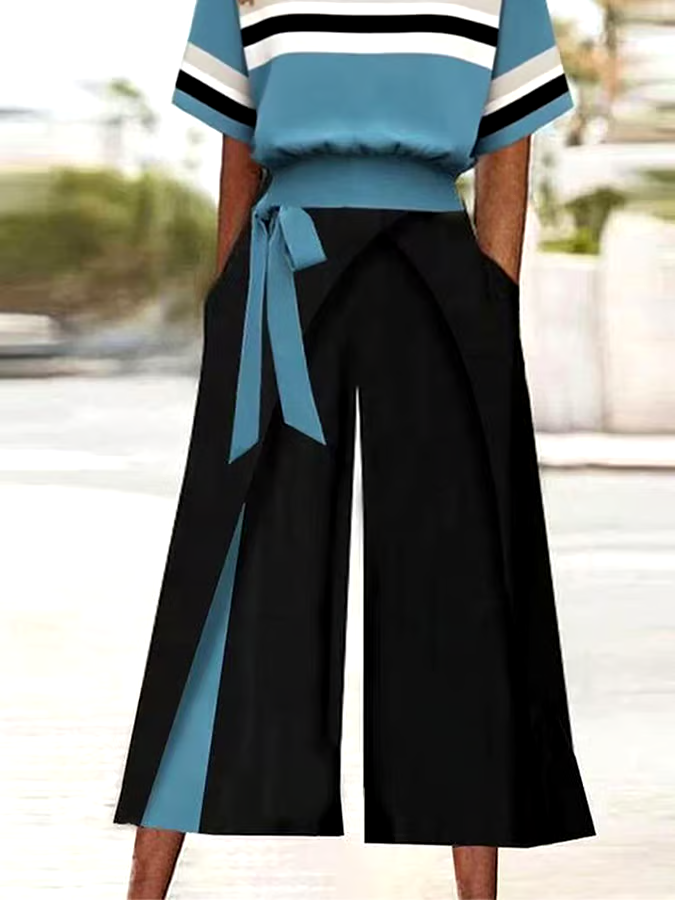 Women's Casual Round Neck Striped Pants Two-Piece Set