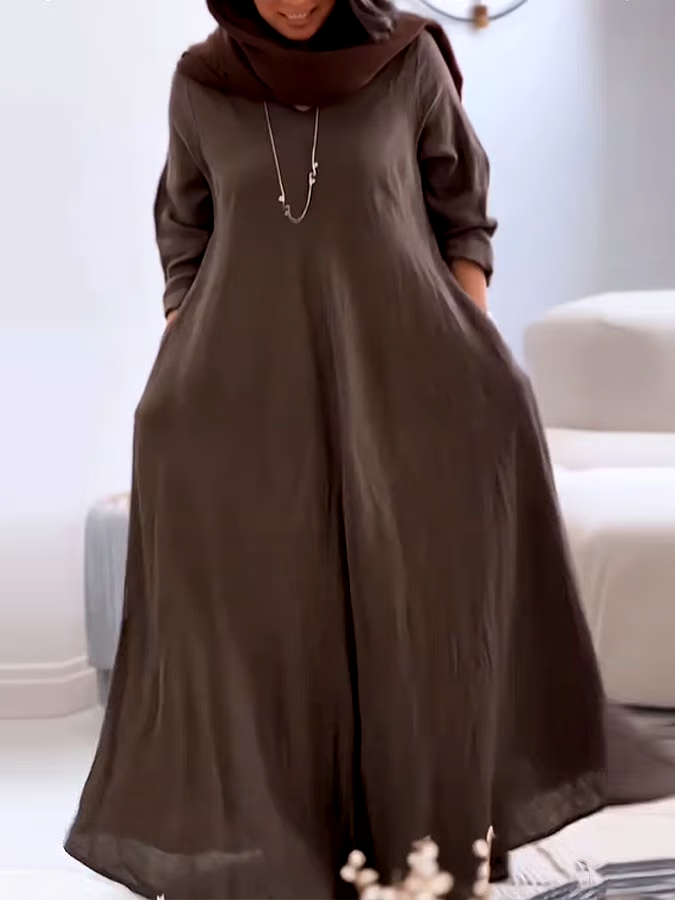 Women's Casual Solid Color V-Neck Long Sleeve Cotton and Linen Dress Women's Casual Solid Color V-Neck Long Sleeve Cotton and Linen Dress