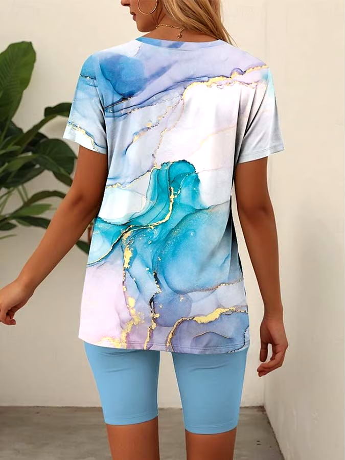 Women'S Loose Printed V-Neck Top And Shorts Set Women'S Loose Printed V-Neck Top And Shorts Set