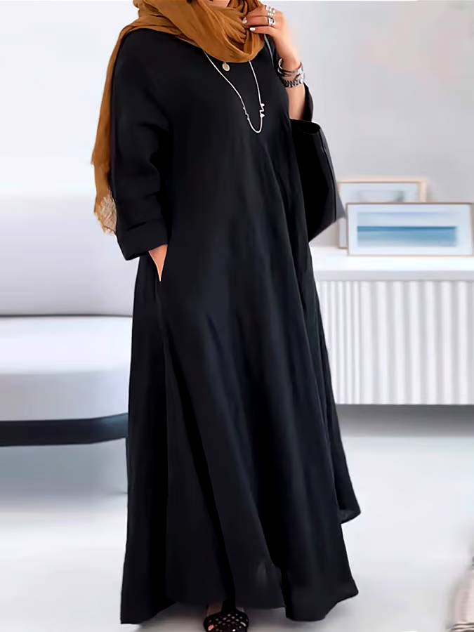 Women's Casual Solid Color V-Neck Long Sleeve Cotton and Linen Dress Women's Casual Solid Color V-Neck Long Sleeve Cotton and Linen Dress