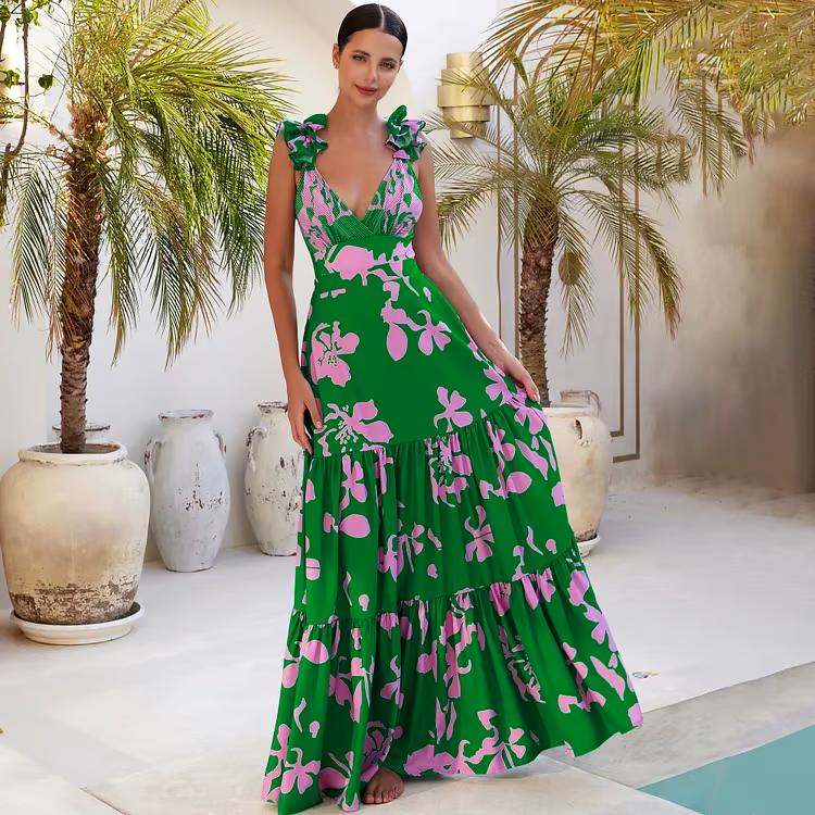 DBVACAY Ruffled Strap Printed One Piece Flared Skirt Swimsuit Set