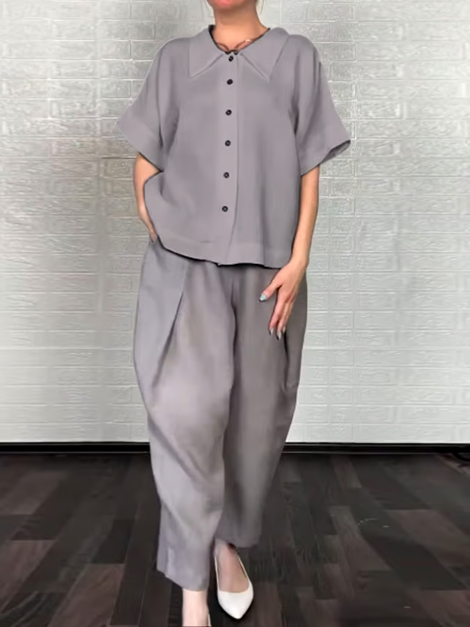 Women'S Casual Solid Color Cotton And Linen Shirt Pants Set Women'S Casual Solid Color Cotton And Linen Shirt Pants Set