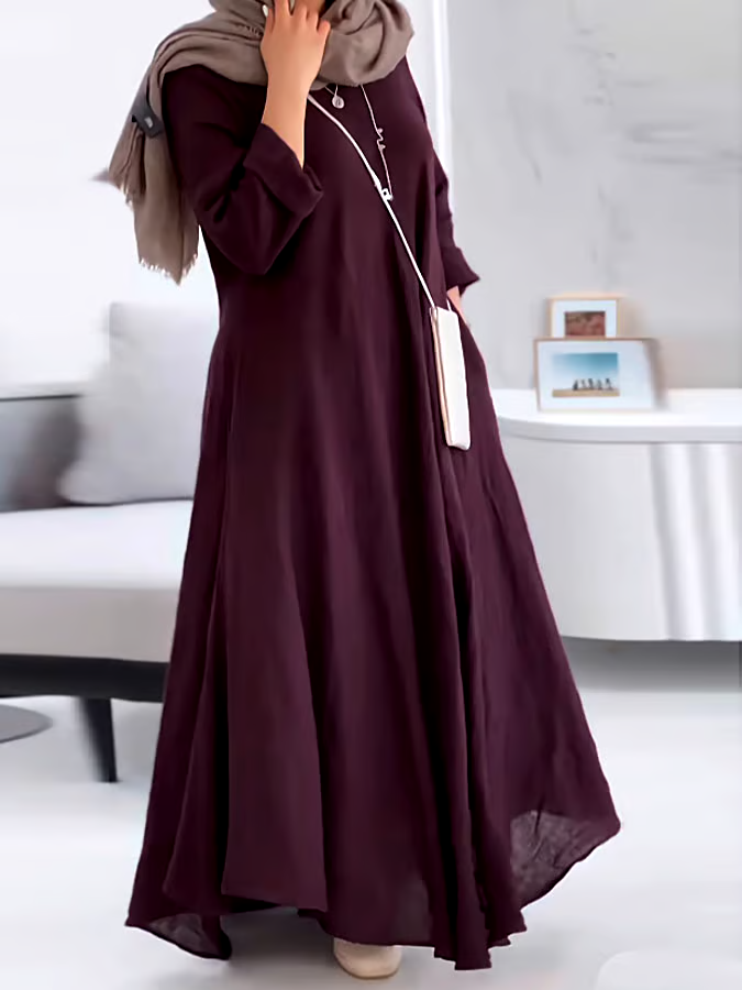 Women's Casual Solid Color V-Neck Long Sleeve Cotton and Linen Dress Women's Casual Solid Color V-Neck Long Sleeve Cotton and Linen Dress