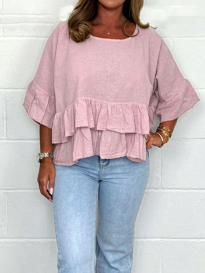Women'S Solid Color Round Neck Ruffled Cotton And Linen Top Women'S Solid Color Round Neck Ruffled Cotton And Linen Top