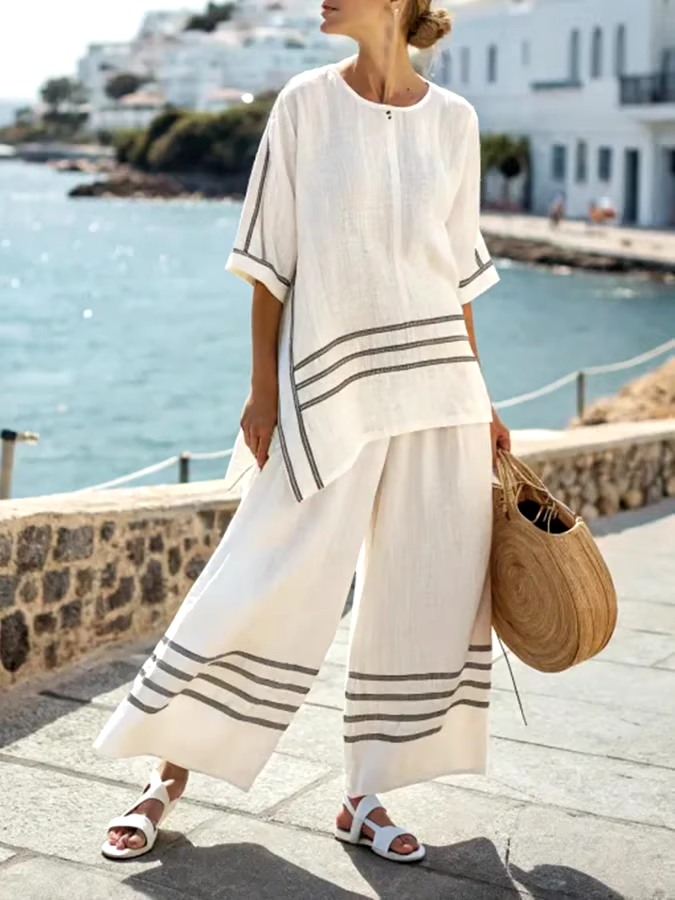 Women'S Loose Slit Irregular Striped Pants Set Women'S Loose Slit Irregular Striped Pants Set