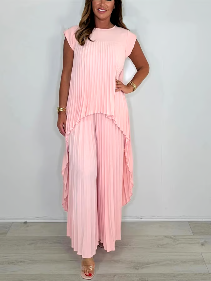 Women'S Solid Color Round Neck Pleated Top Straight Trousers Two-Piece Set Women'S Solid Color Round Neck Pleated Top Straight Trousers Two-Piece Set