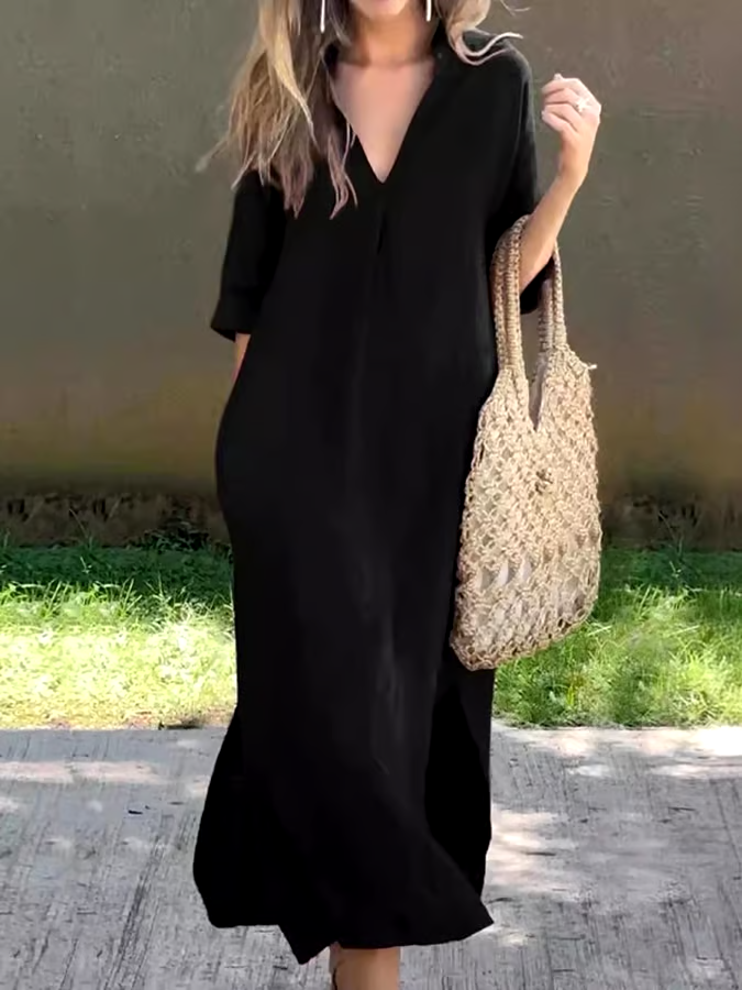 Women'S Casual Solid Color V-Neck Cotton And Linen Dress Women'S Casual Solid Color V-Neck Cotton And Linen Dress