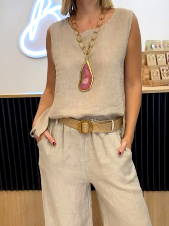 Women's Casual Solid Color Round Neck Vest Trousers Cotton and Linen Two-piece Set Women's Casual Solid Color Round Neck Vest Trousers Cotton and Linen Two-piece Set