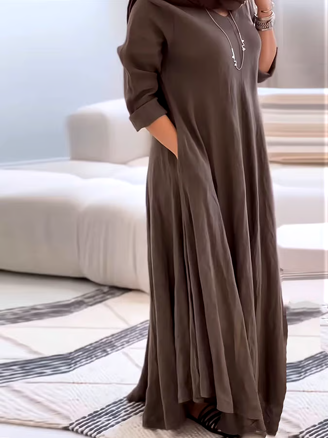 Women's Casual Solid Color V-Neck Long Sleeve Cotton and Linen Dress Women's Casual Solid Color V-Neck Long Sleeve Cotton and Linen Dress