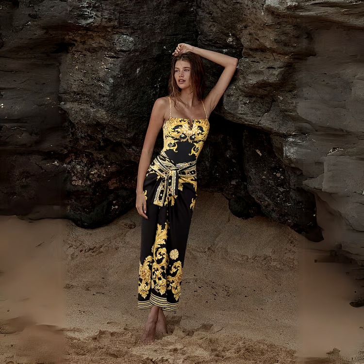 Dbvacay Vintage Baroque Print With Chain One Piece Swimsuit Set