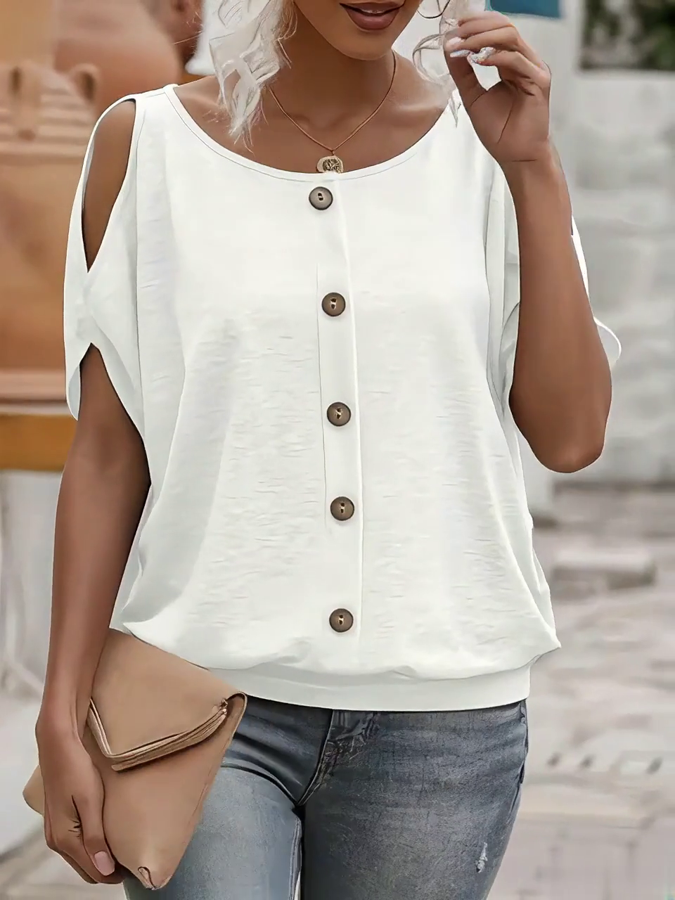 Women's Casual Solid Color Off Shoulder Button T-Shirt