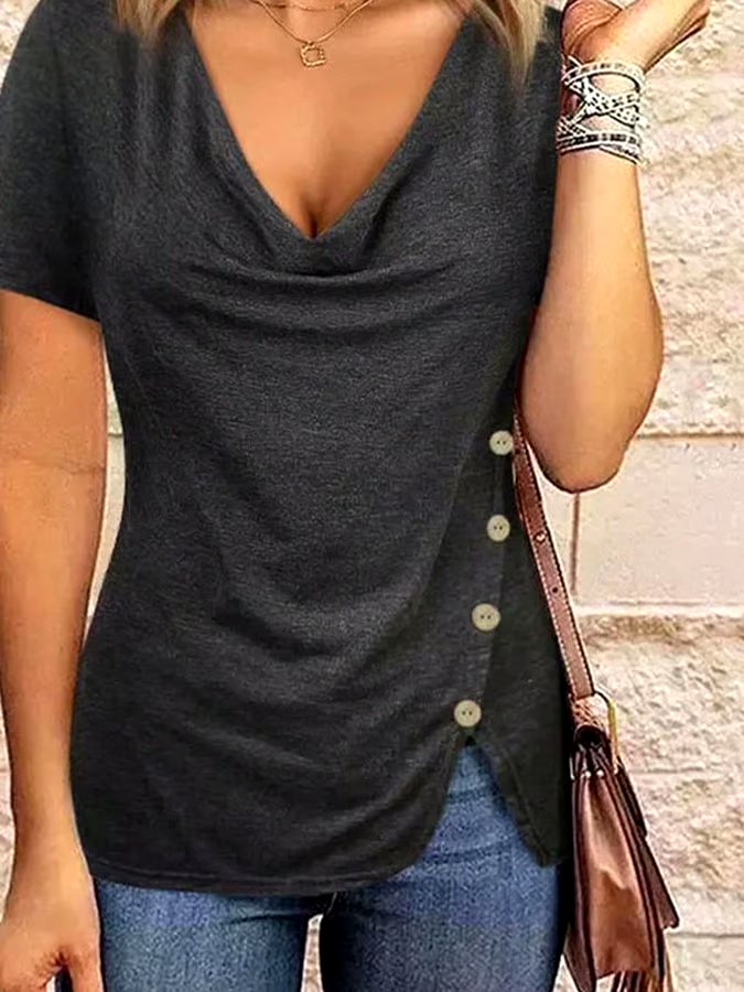 Women's Casual Solid Color Shirred Button Top