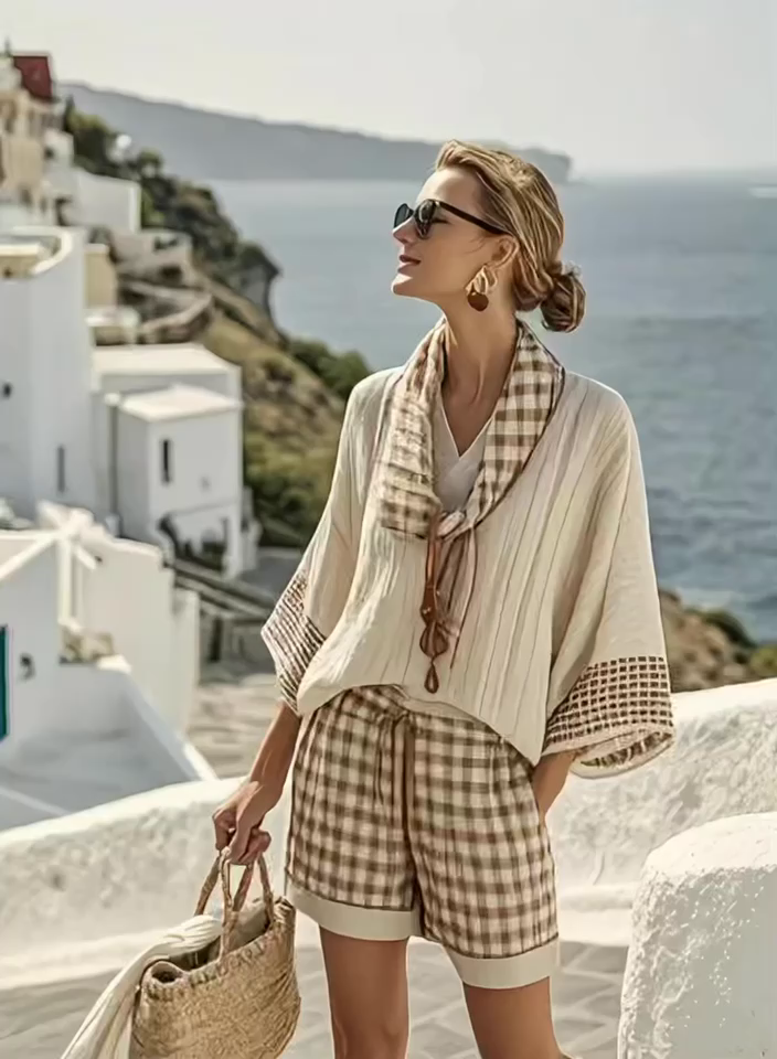 Women'S Loose Striped Scarf Holiday Shorts Set Women'S Loose Striped Scarf Holiday Shorts Set
