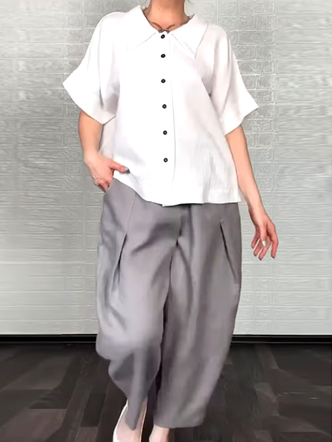 Women'S Casual Solid Color Cotton And Linen Shirt Pants Set Women'S Casual Solid Color Cotton And Linen Shirt Pants Set