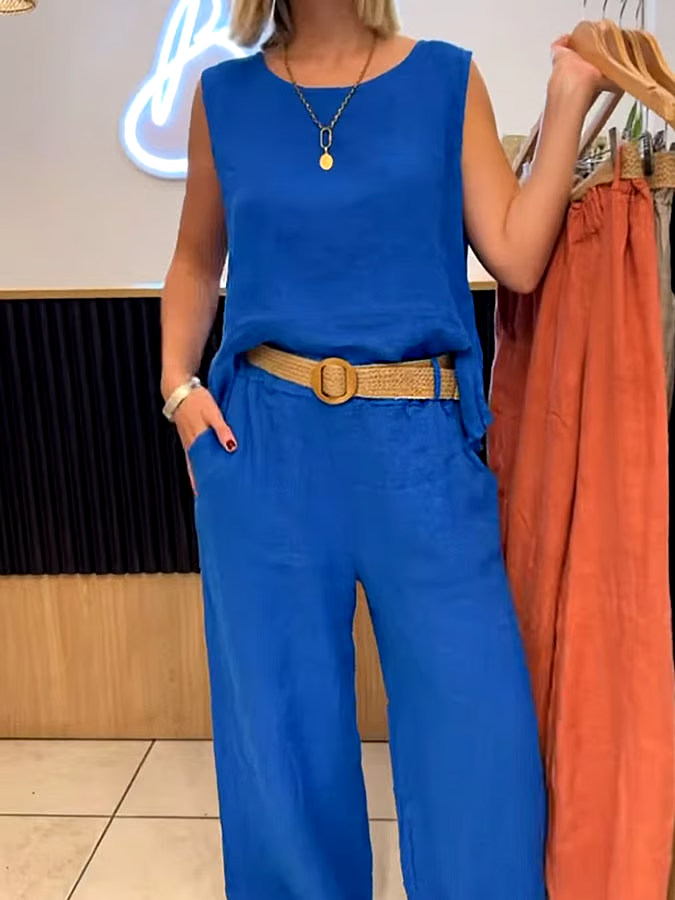 Women's Casual Solid Color Round Neck Vest Trousers Cotton and Linen Two-piece Set Women's Casual Solid Color Round Neck Vest Trousers Cotton and Linen Two-piece Set