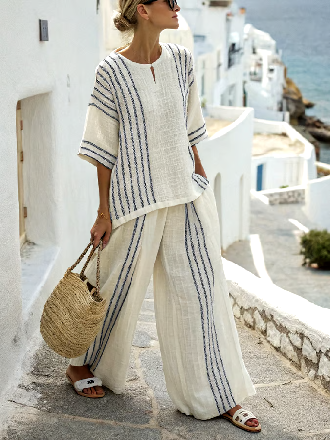 Women'S Loose Slit Contrast Striped Pants Set Women'S Loose Slit Contrast Striped Pants Set