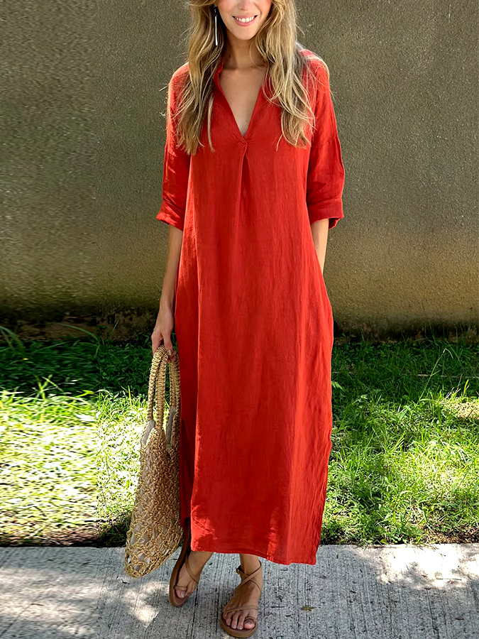 Women'S Casual Solid Color V-Neck Cotton And Linen Dress Women'S Casual Solid Color V-Neck Cotton And Linen Dress