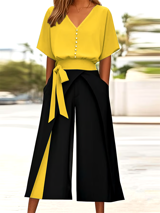 Women's Casual V-Neck Button Contrast Color Two-Piece Set Women's Casual V-Neck Button Contrast Color Two-Piece Set