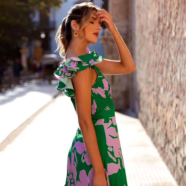 DBVACAY Ruffled Strap Printed One Piece Flared Skirt Swimsuit Set