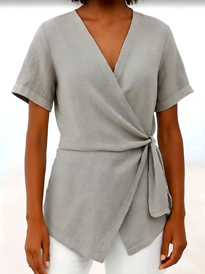 Women's Casual Solid Color V Neck Short Sleeve Lace-up Cotton and Linen Top