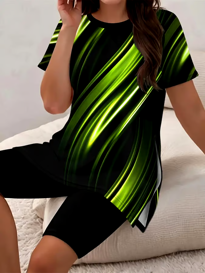 Women'S Casual Round Neck Gradient Print Short-Sleeved T-Shirt Shorts Set Women'S Casual Round Neck Gradient Print Short-Sleeved T-Shirt Shorts Set