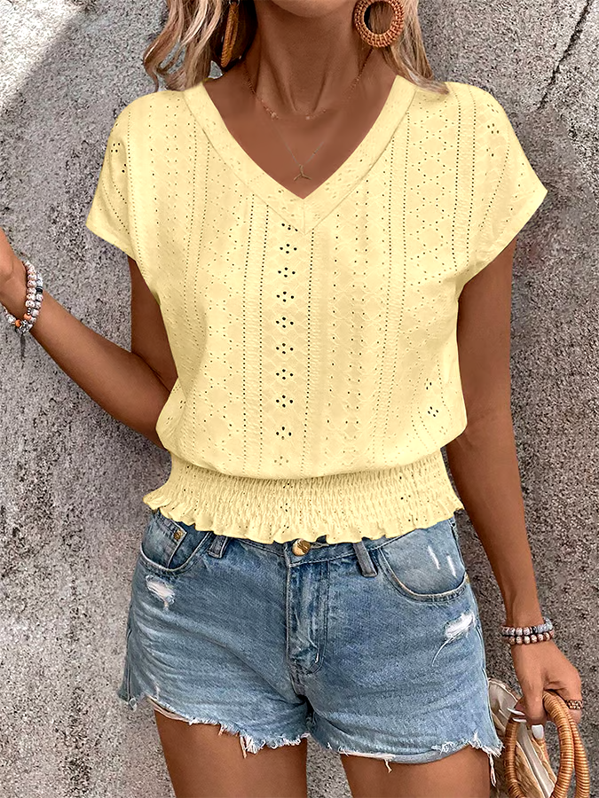 Women'S Casual V-Neck Jacquard Hollow Short-Sleeved T-Shirt Women'S Casual V-Neck Jacquard Hollow Short-Sleeved T-Shirt