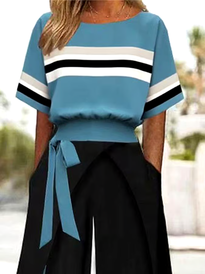 Women's Casual Round Neck Striped Pants Two-Piece Set