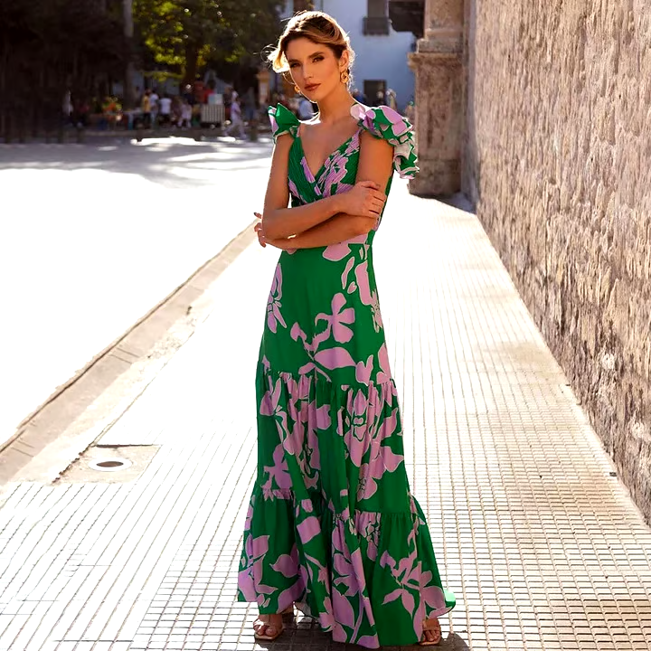 DBVACAY Ruffled Strap Printed One Piece Flared Skirt Swimsuit Set