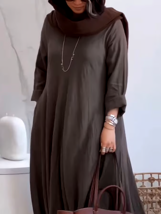 Women's Casual Solid Color V-Neck Long Sleeve Cotton and Linen Dress Women's Casual Solid Color V-Neck Long Sleeve Cotton and Linen Dress