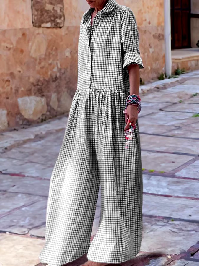 Women's Vintage Classic Plaid Long Sleeve Pocket Shirt Jumpsuit Women's Vintage Classic Plaid Long Sleeve Pocket Shirt Jumpsuit
