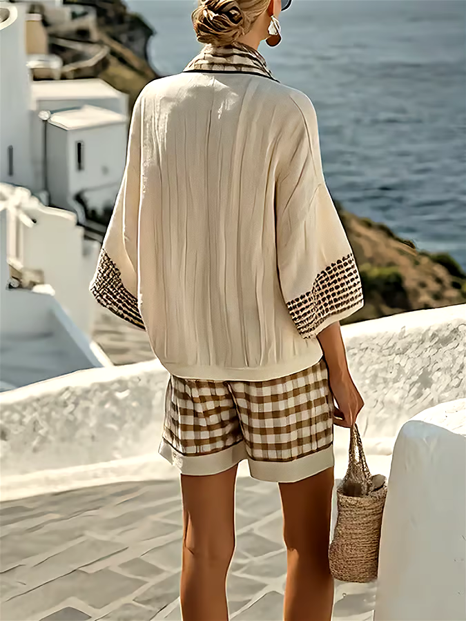 Women'S Loose Striped Scarf Holiday Shorts Set Women'S Loose Striped Scarf Holiday Shorts Set