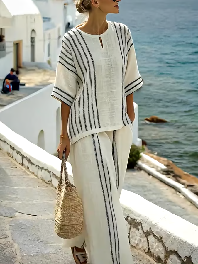 Women'S Loose Slit Contrast Striped Pants Set Women'S Loose Slit Contrast Striped Pants Set