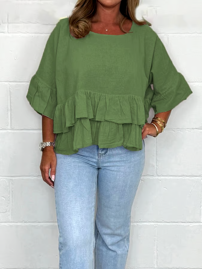 Women'S Solid Color Round Neck Ruffled Cotton And Linen Top Women'S Solid Color Round Neck Ruffled Cotton And Linen Top
