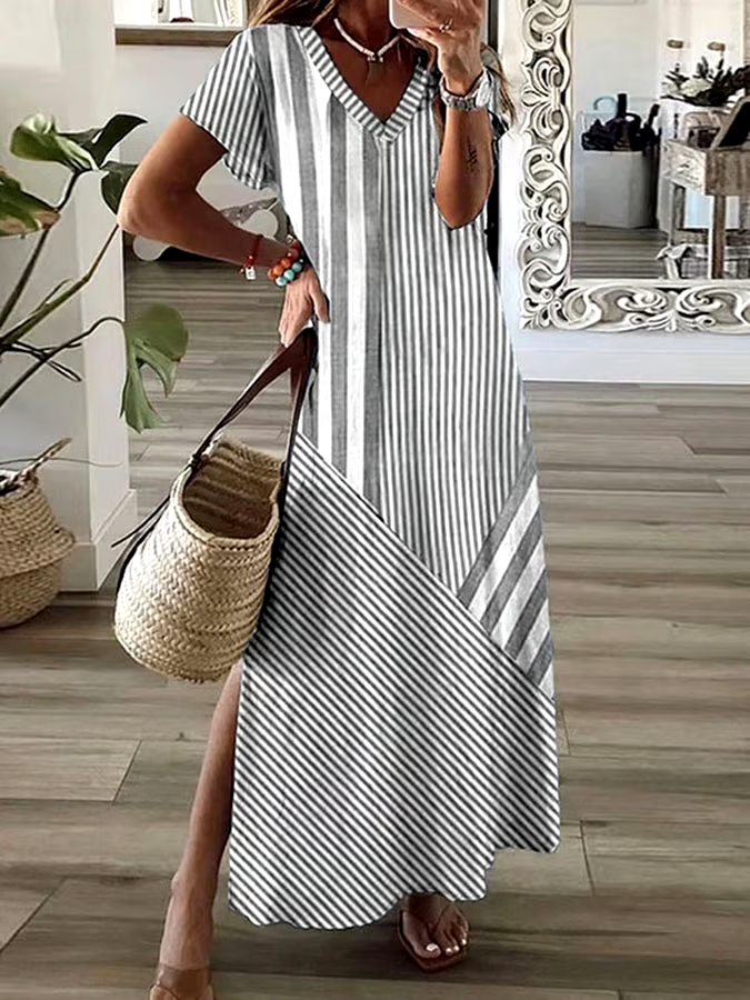 Women's Casual V-Neck Short Sleeve Striped Print Dress Women's Casual V-Neck Short Sleeve Striped Print Dress