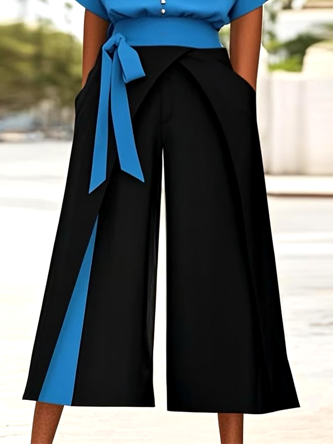 Women's Casual V-Neck Button Contrast Color Two-Piece Set Women's Casual V-Neck Button Contrast Color Two-Piece Set
