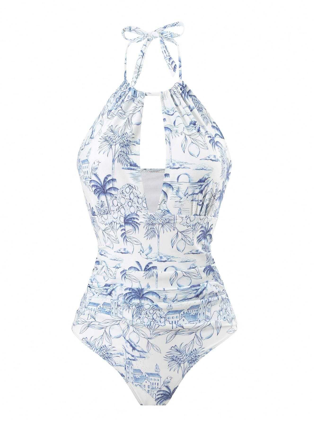 Hollowout Print Two Piece Swimsuit Set