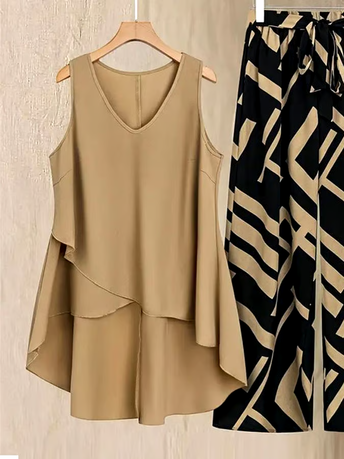 Women'S Casual V-Neck Sleeveless Loose Contrast Color Irregular Hem Vest Trousers Two-Piece Set