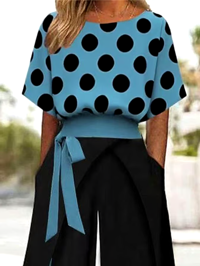Women's Casual Round Neck Polka Dot Printed Trousers Two-Piece Set Women's Casual Round Neck Polka Dot Printed Trousers Two-Piece Set