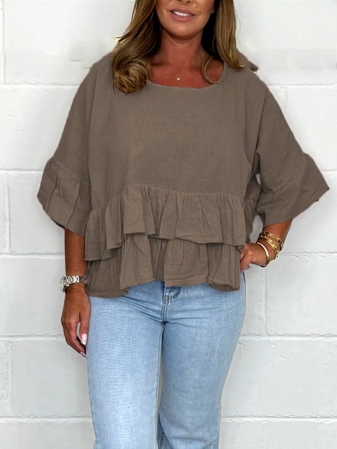 Women'S Solid Color Round Neck Ruffled Cotton And Linen Top Women'S Solid Color Round Neck Ruffled Cotton And Linen Top